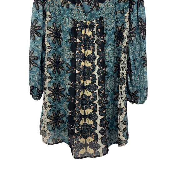 Free People Women SZ XS Boho Long Sleeve Printed Tunic Dress In Blue & Cream - Picture 13 of 14
